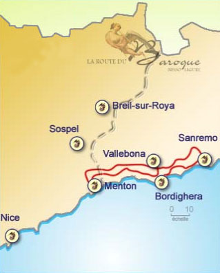 Route du Baroque : Carte de l'itinéraire Riviera des fleurs