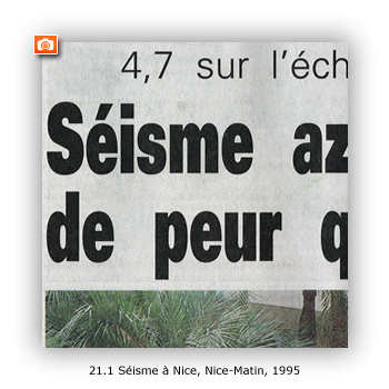 Importance accordée à un séisme de magnitude 4.7 à Nice le 21 avril 1995, Nice-Matin, 1995