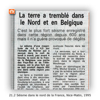 Place réduite accordée à un séisme de magnitude 4.5 dans le Nord de France le 20 juin 1995, Nice-Matin, 1995