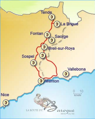 Route du Baroque : Carte de l'itinéraire Promenade en haute Roya